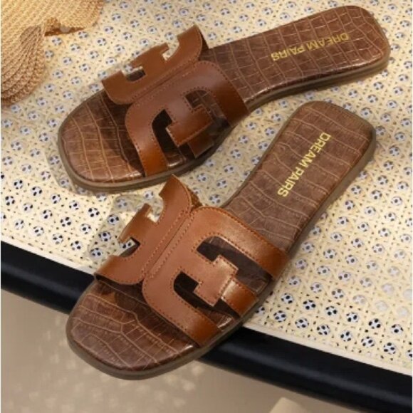 Brown Faux Leather Slip on Flats Sandals Women’s Size 9 - Picture 2 of 10